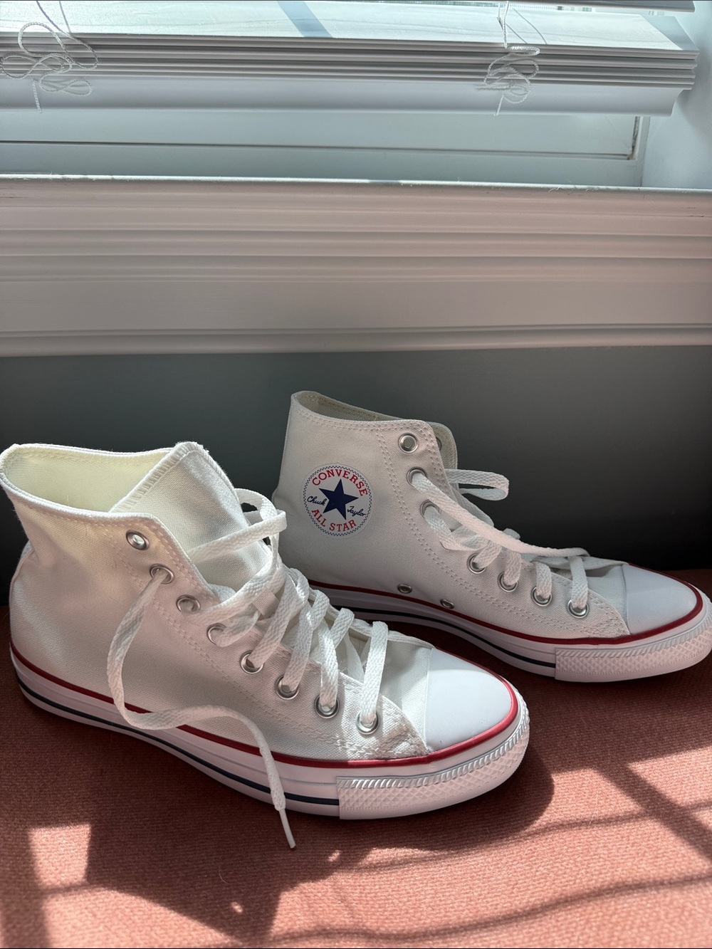 Converse White High Top Sneakers with Red & Blue Trim